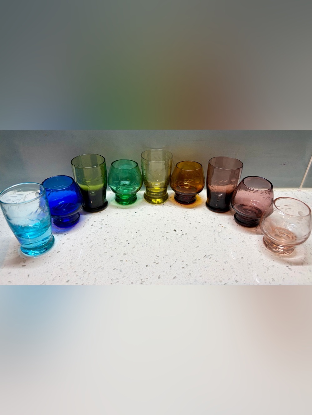 Vintage 1960s Hand Blown Handmade Multicolor Cordial Shot Glasses Set Etched MCM
